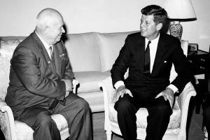Soviet Premier Nikita Khrushchev and President John F. Kennedy talk in the residence of the U.S. Ambassador in a suburb of Vienna, part of  a series of talks during their June 1961 summit meetings in Vienna. (From the archives on the Cuban Missile Crisis. Image: AP Photo)