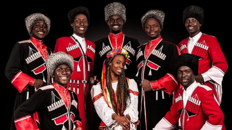 "Marusya", a folk singing group organized by African students in Russia, has appealed to Vladimir Putin for defense against Kuban Cossacks who are upset that the black students dress in Cossack costumes and sing Cossack songs. (Image: golos-kubani.ru)