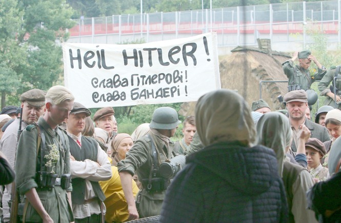 Movie set of the film Volyn by Wojciech Smarzowski. The poster says: "Heil Hitler! Glory to Hitler! Glory to Bandera!" Photo: MACIEJ KACZANOWSKI / DZIENNIK WSCHODNI