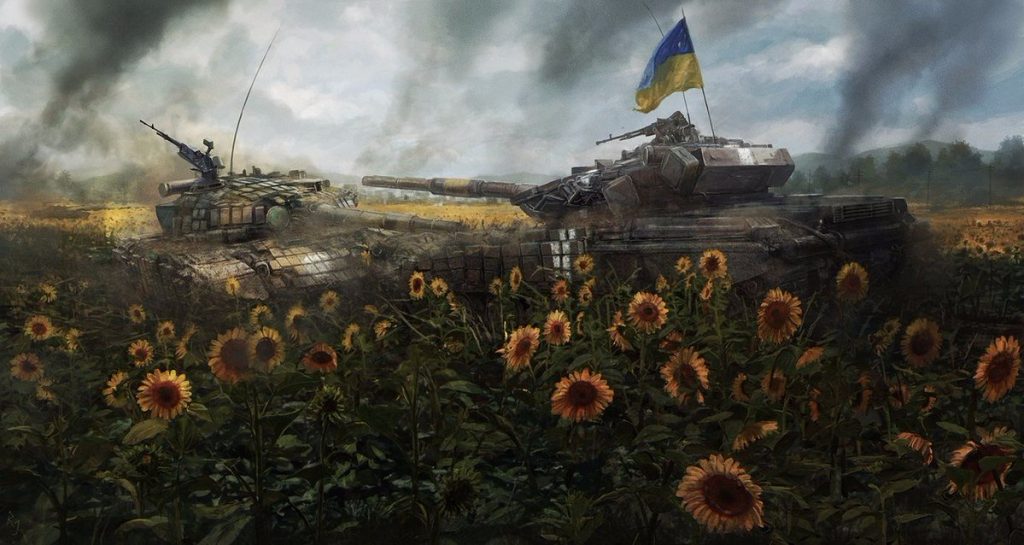 Painting by Slovakian artist Rado Javor pictures the heroism of Artem Abramovych, a 24-year old tank commander from Zhytomyr, who in the summer of 2014 deliberately collided his older T-64 into the T-72 of the Russian aggressors to save the retreating Ukrainian soldiers near the village Nikiforivka in Donetsk oblast. In the collision, the tanks detonated and were completely destroyed, with this young man losing his life. He was posthumously awarded with the order of Hero of Ukraine.