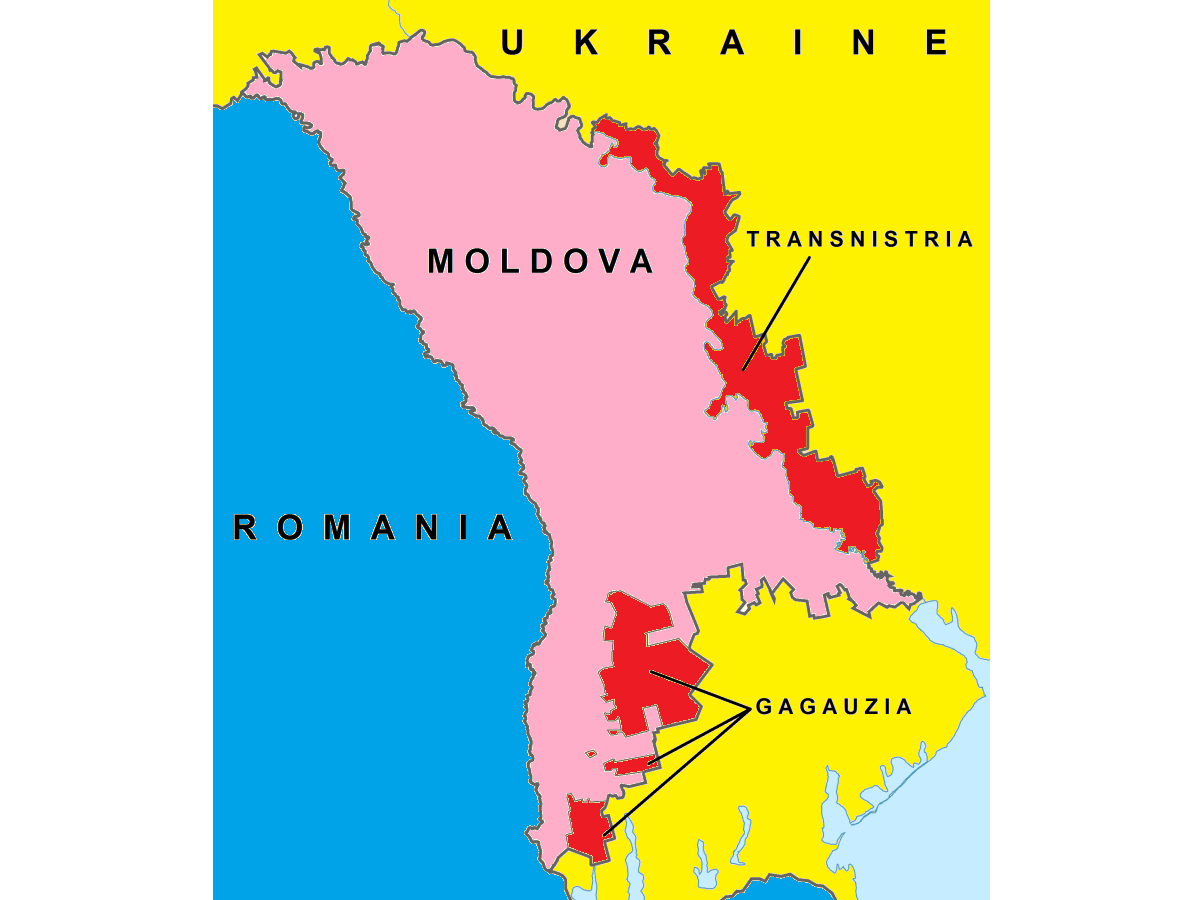 Map of Moldova with Transnistria/Transdniestria and Gagauzia, bordering Ukraine and Romania