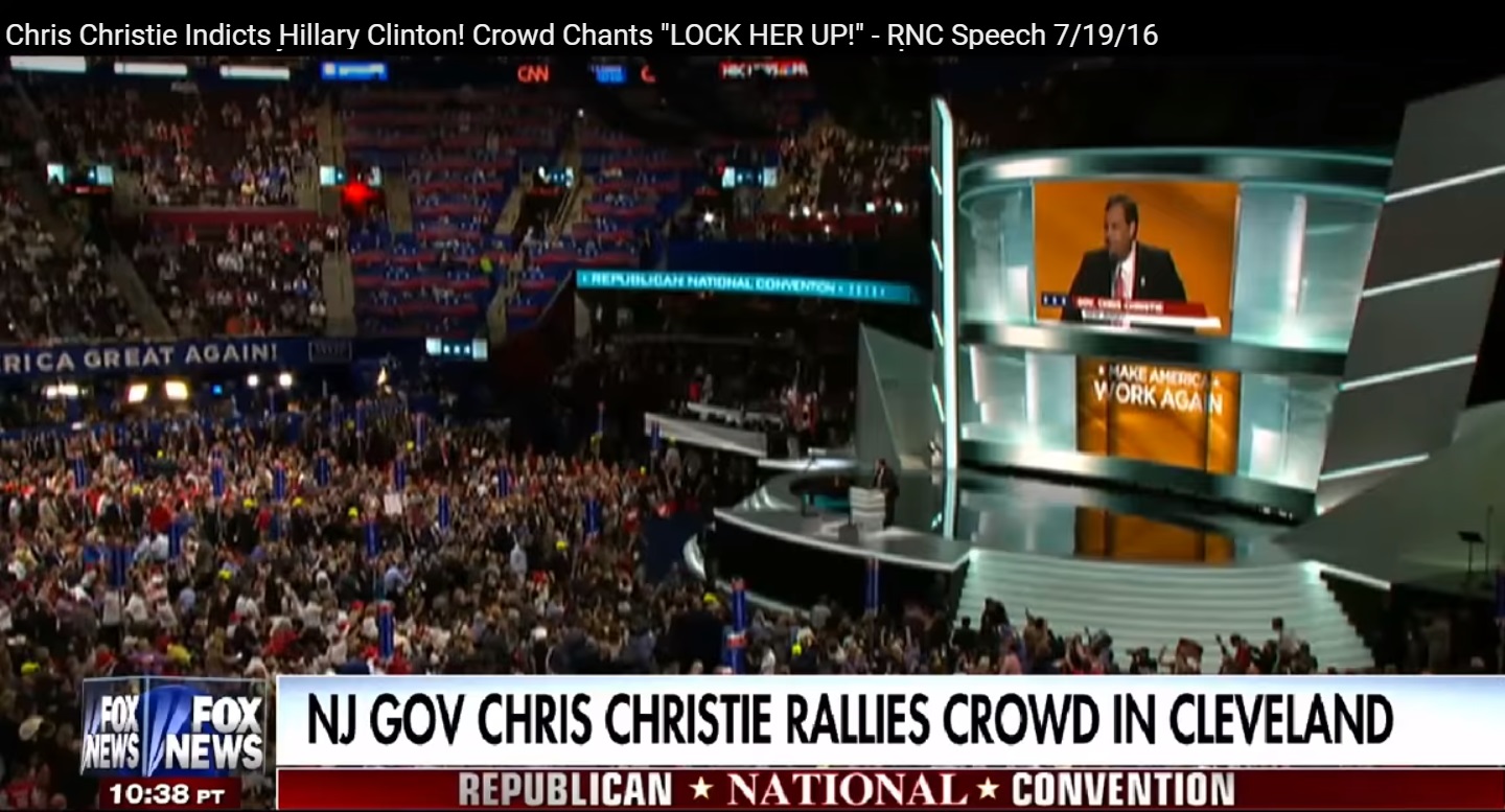 Chris Christie "indicts" Hillary Clinton in his speech at the Republican National Convention in Cleveland on July 19, 2016. The crowd chants "LOCK HER UP!" (Image: screen capture)