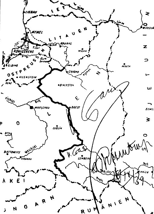 The map of the division of Europe between Germany and the USSR in the Molotov-Ribbentrop Pact signed by Stalin and Ribbentrop.