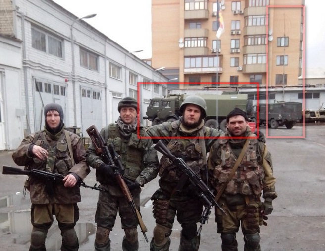 Russian mercenaries in the Donbas posing with their weapons. This photograph is from an InformNapalm.org investigation of social profiles of Russian mercenaries and servicemen that discovered more proof of Russia’s aggression against Ukraine. In this case, it is Russian R-381T2 'Taran' UHF radio monitoring and ‘Torn’ radio intelligence complexes (boxed in red in the background). Image: InformNapalm.org