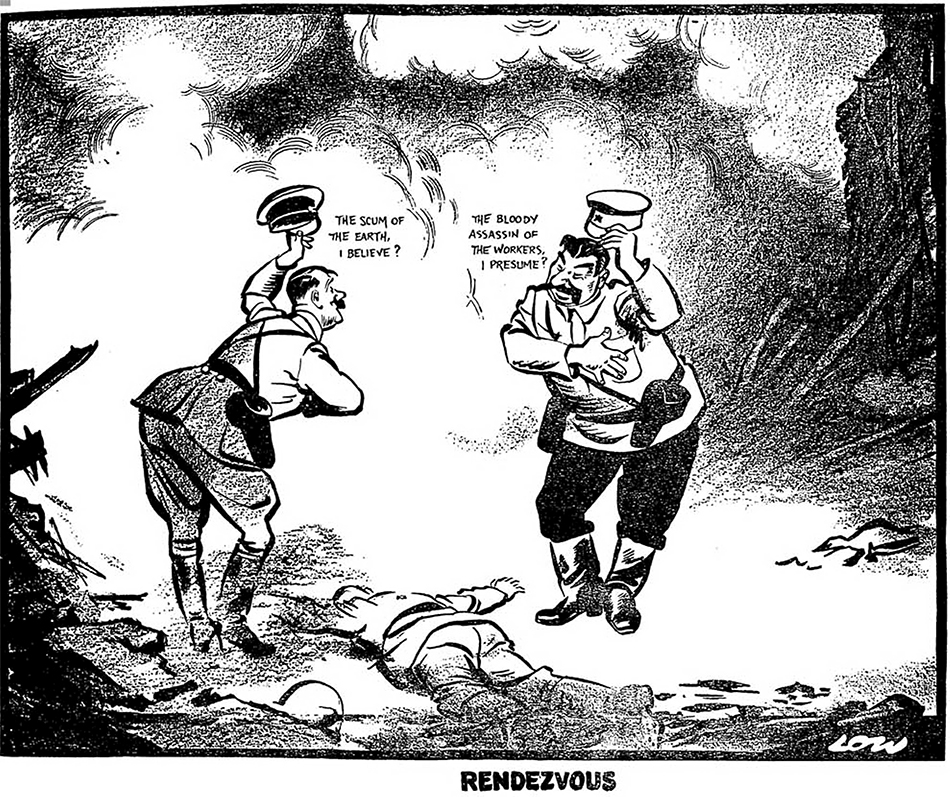 David Low named his political cartoon describing the German-Russian invasion of Poland that started the WW2 - "Rendezvous." The cartoon depicts a meeting by the two allied Nazi-Soviet dictators over the corpse of a Polish defender. Hitler says to Stalin while smiling, lifting his hat and bowing: "The Scum of the Earth, I believe?" and Stalin responds to him "The Bloody Assassin of the Workers, I presume?" while smiling, bowing and lifting his in kind. The secret agreement on the division of Poland that was part of the Molotov-Ribbentrop Pact was not yet known, but nonetheless, Low recognized what happened and drew it in this work. (Image: The Evening Standard (UK), September 20, 1939 issue)