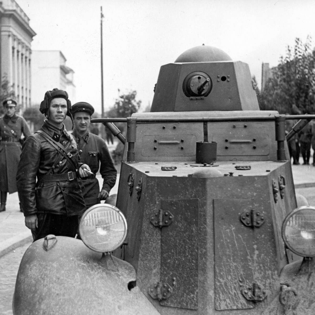 Commanding officers of the 29th Soviet Tank Brigade near armored vehicle БА-20 in Brest. Front - battalion political commissar Vladimir Borovitsky, Sept. 1939 (Corbisimages)