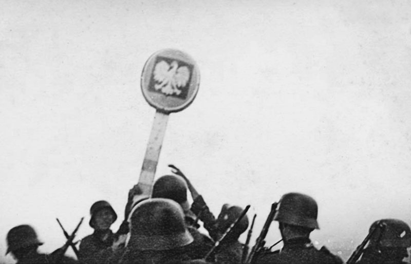 German soldiers destroying border signs on the border with Poland on Sept. 1, 1939