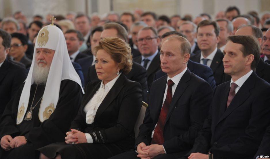 Some of the former KGB and Komsomol operatives at the top of Putin regime: Moscow Patriarch Kirill (secular name Vladimir Gundyayev, alleged KGB agent), Chairman of the Federation Council Valentina Matviyenko (former top Komsomol official), Russian President Vladimir Putin (former KGB operative), Director of the Foreign Intelligence Service and ex-Chairman of the State Duma Sergey Naryshkin (former KGB operative). Image: Sputnik