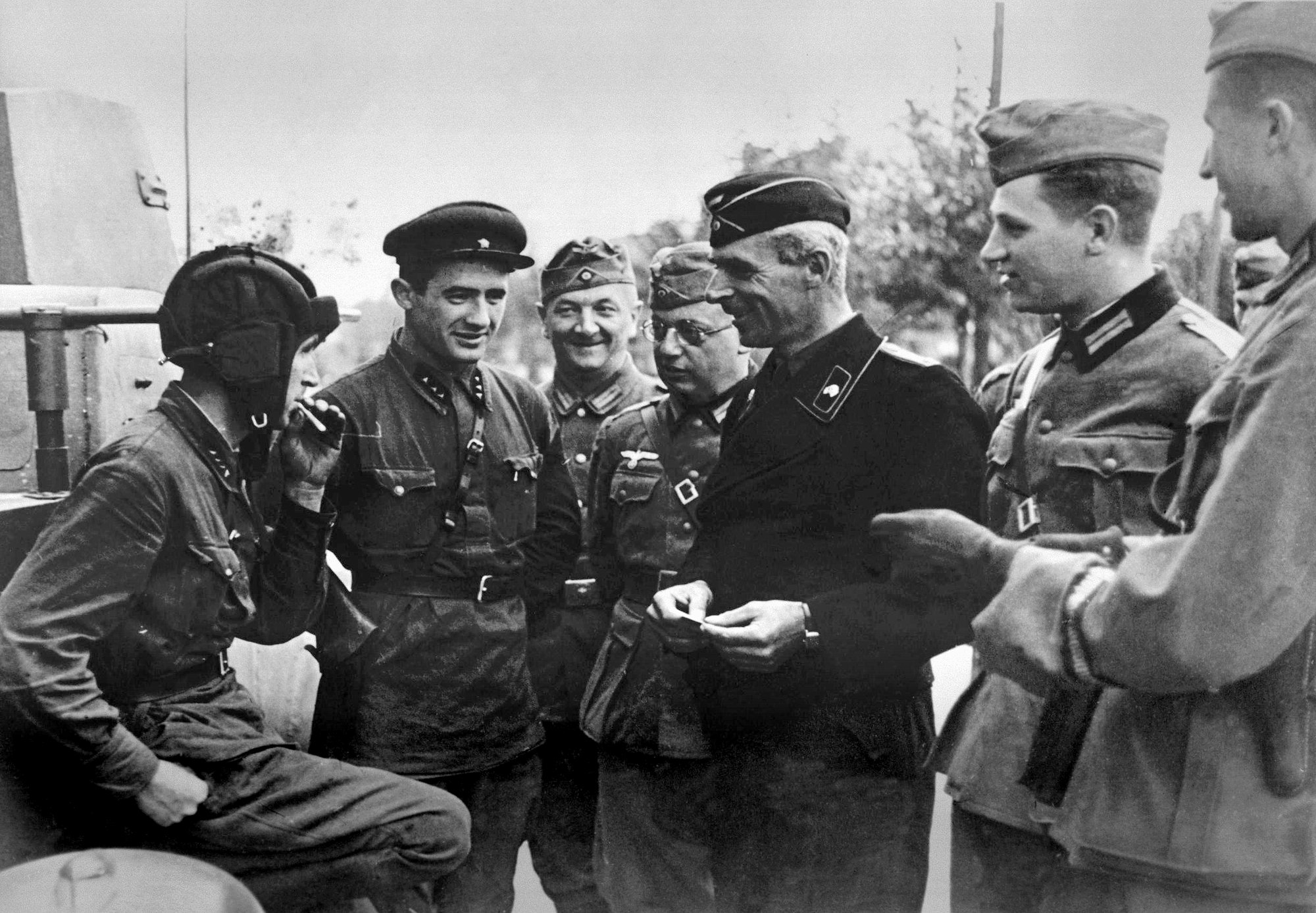 Soviet and German troops in a friendly discussion after suppressing Polish resistance in Brest, Sept. 18, 1939