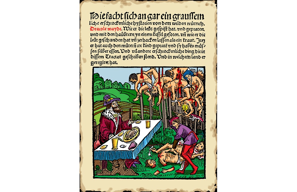 Woodcut from the title page of a 1499 pamphlet published by Markus Ayrer in Nuremberg. It depicts Vlad III "the Impaler" (identified as Dracole wyade = Draculea voivode) dining among the impaled corpses of his victims. (Image: Wikipedia)