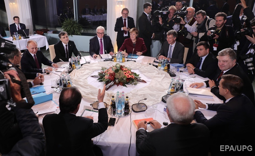 19 October 2016 in Berlin, a meeting of the Normandy Four: Vladimir Putin, Angela Merkel, Petro Poroshenko, Francois Hollande, and their staff. (Image: EPA/UPG)