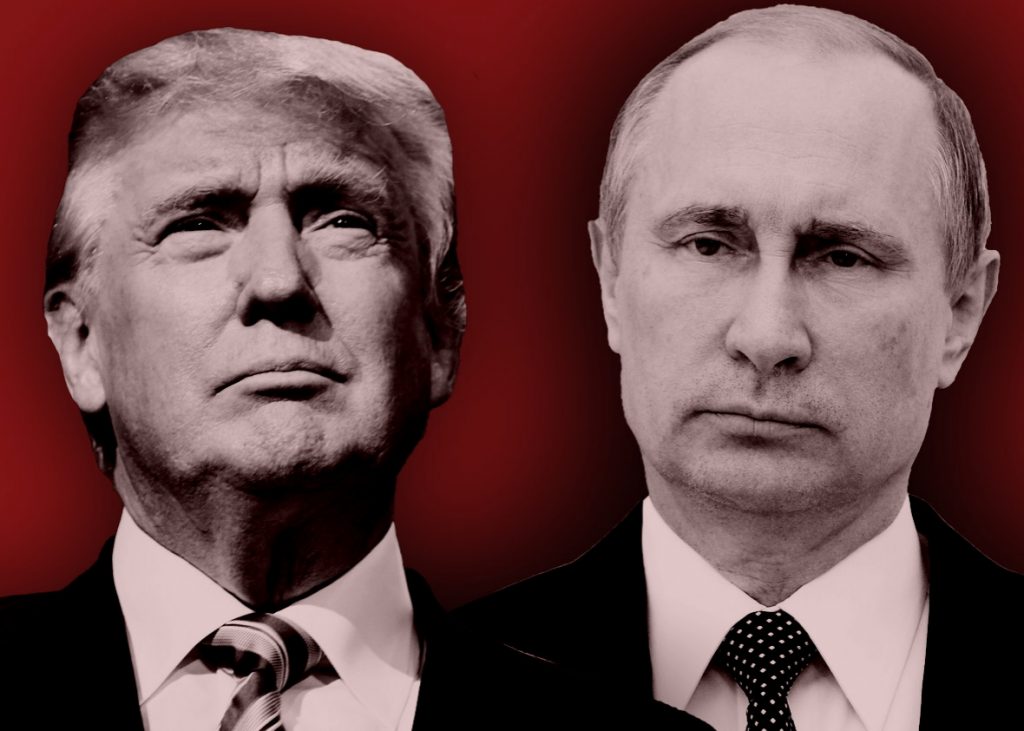 Trump and Putin. (Photo illustration by Slate. Photos by Aleksey Nikolskyi/Getty Images and Jim Watson/Getty Images.)
