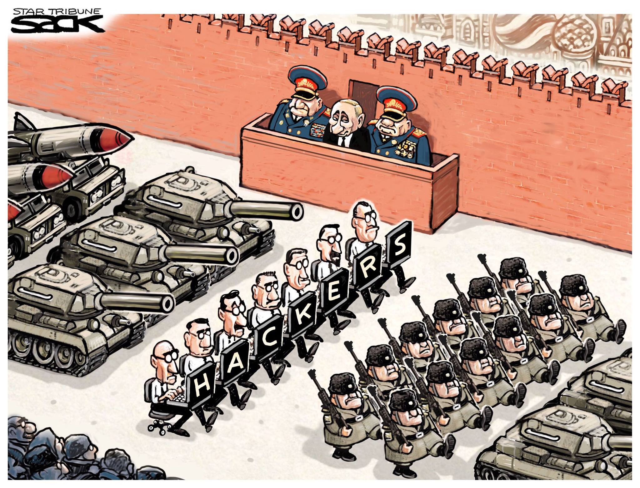 Proud Kremlin hackers in parade on Moscow's Red Square (Political cartoon by SACK / Star Tribute)