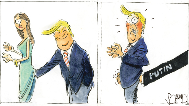 Donald Trump denies being open to kompromat blackmail by the Kremlin (Political cartoon by Felix Schaad / Tages-Anzeiger)