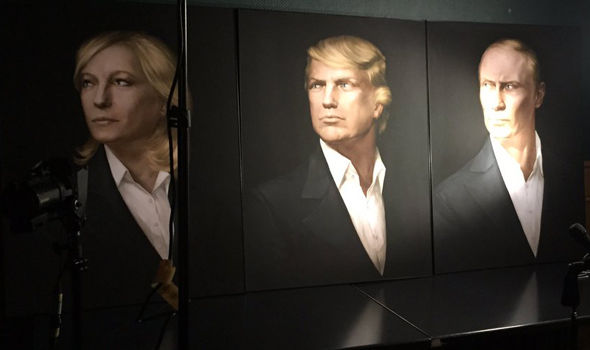 A painting of Trump, Putin and French far-right leader Marine Le Pen prominently displayed at a Trump party in Moscow hosted by Kremlin functionaries to celebrate his election as US president, which was facilitated by Russia's covert meddling. Russia's meddling in French elections six month later to help Le Pen backfired and she lost to Emmanuel Macron. November 2016, Moscow, Russia (Image: mogaznews.com)