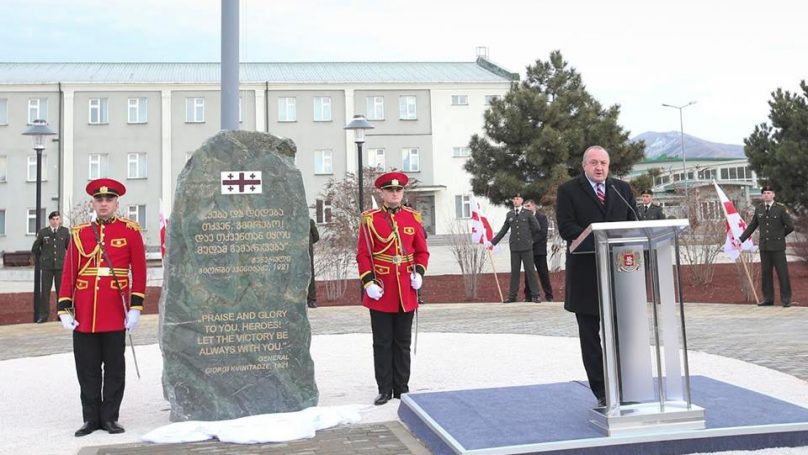 Georgian President Giorgi Margvelashvili opening a new memorial to Georgian cadets killed fighting against the Red Army in February, 1921 at the Georgian National Defense Academy in Gori, Georgia. (Image: newsgeorgia.ge)