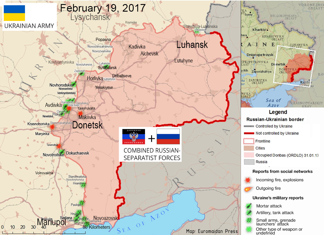 The situation in the Donbas on February 19, 2017, according to reports by local residents on social networks (red) and ATO HQ (green) ~