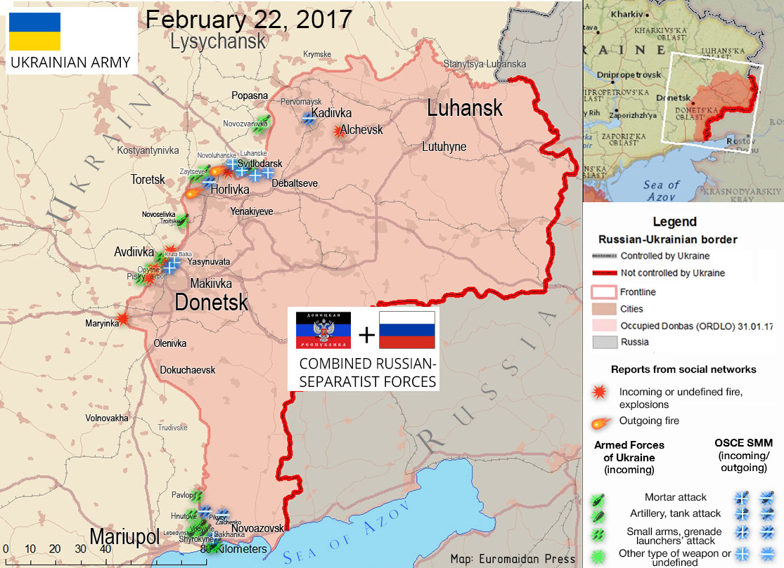 The situation in the Donbas on February 22, 2017, according to reports by local residents on social networks (red), ATO HQ (green), OSCE (blue).