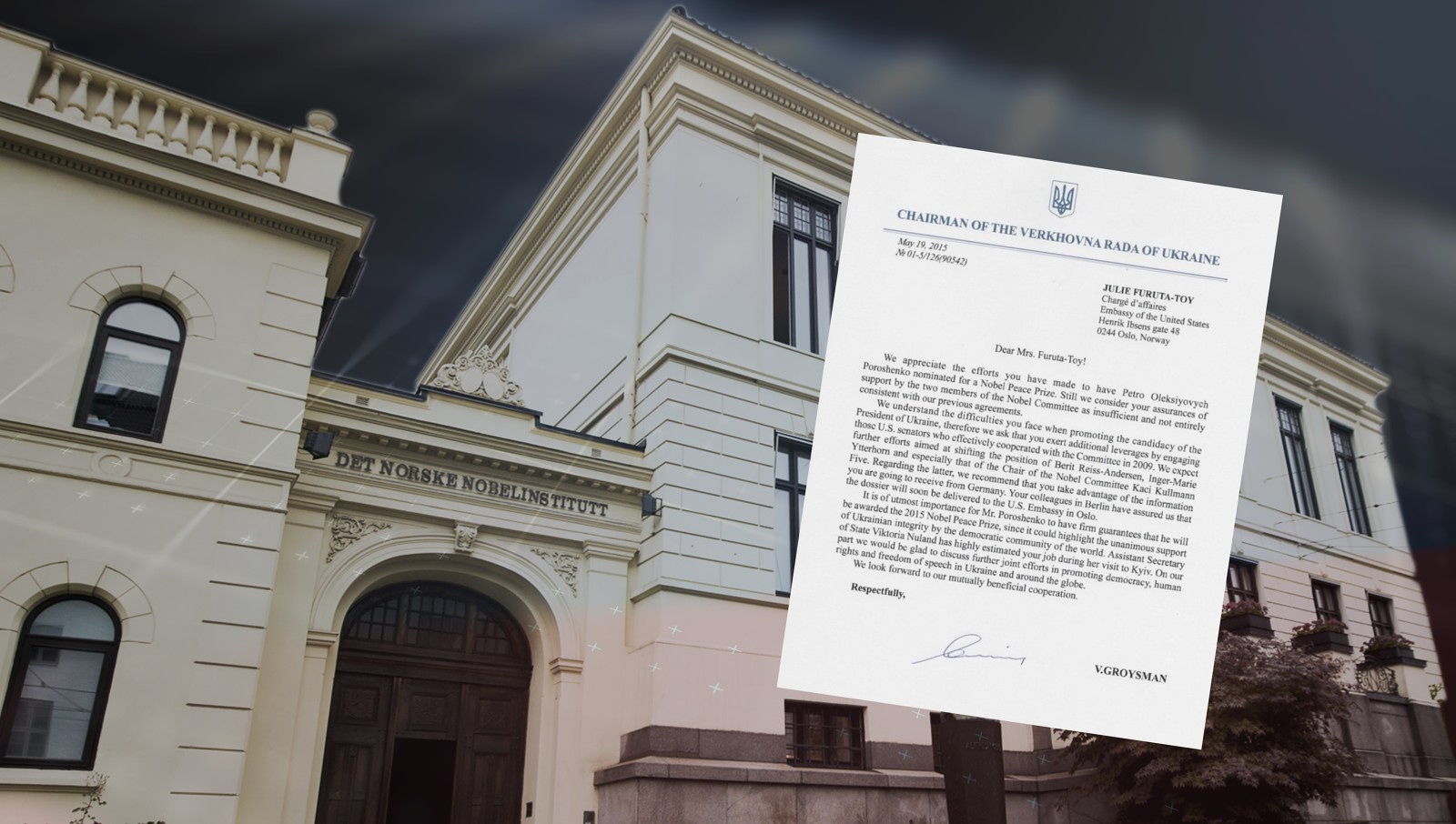 This letter fabricated by the Russian spy services was intended to incriminate the USA and Ukraine in manipulating decisions of the Nobel Committee, if Ukrainian President Petro Poroshenko won the Nobel Peace Prize in 2015, according to Norwegian investigators (Image: NRK.no)