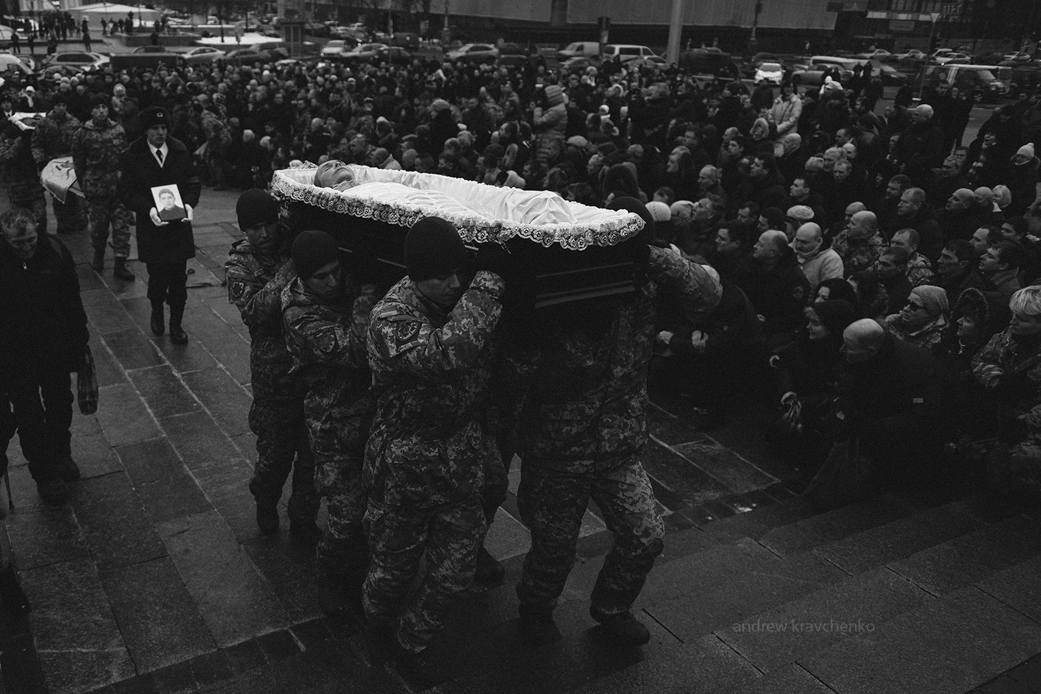 Taken by Andrew Kravchenko, these stark black-and-white photos of the memorial service on February 1 in Kyiv for Ukrainian soldiers killed in and around Avdiyivka on January 29-30 convey the grief of all Ukrainians and their respect and gratitude before these Heroes, who made the ultimate sacrifice defending Ukraine from the Russian military aggression.