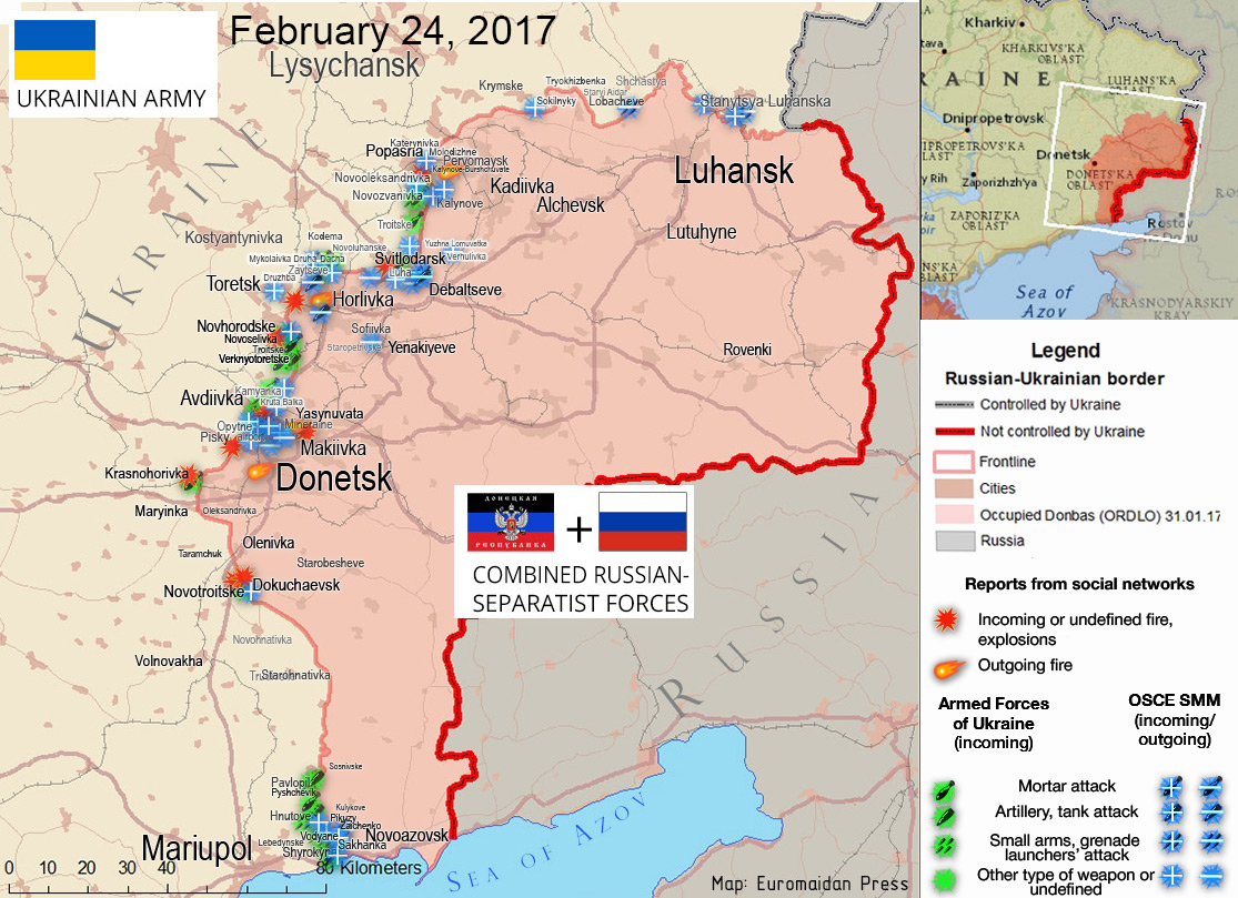 The situation in the Donbas on February 26, 2017, according to reports by local residents on social networks (red), ATO HQ (green), OSCE (blue). Updated according to the Feb27 OSCE SMM report. ~