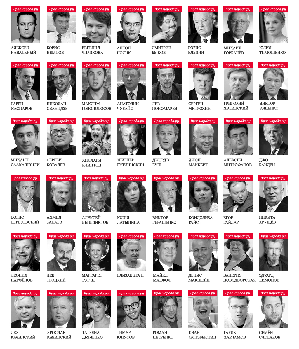 This is a list of "enemies of the people" (mostly Russians critical of the Putin regime), which was published on a Russian website called "Enemies of the People.Ru" and widely distributed by Russian media and social networks in late summer 2014. Boris Nemtsov, Putin's most outspoken opponent and #2 on this list, was murdered next to the Kremlin only six months later. The list included not only domestic "enemies," but also some westerners such as Hillary Clinton, Zbigniew Brzezinski, George W Bush, John McCain, Joe Biden, Condoleezza Rice, Margaret Thatcher, Queen Elizabeth, Denis MacShane, and Michael McFaul, who was the US Ambassador in Moscow at the time. The neighboring countries were represented by former presidents of Ukraine and Georgia Victor Yushchenko and Mikheil Saakashvili respectively. Surprisingly, some former Soviet and Russian leaders were also there, such as Boris Yeltsin, Mikhail Gorbachev, Nikita Khrushchev and Lev Trotsky. At the same time, Lenin and Stalin, on whose orders tens of millions of Soviets were killed, were missing.