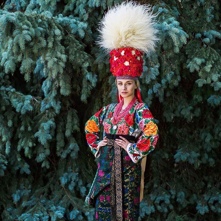 Iryna Zhytariuk, Miss Ukrainian Canada 2016, wearing a traditional festive (wedding) dress and elaborate headdress from Northern Bukovyna, Western Ukraine. Photo by Julia Merk