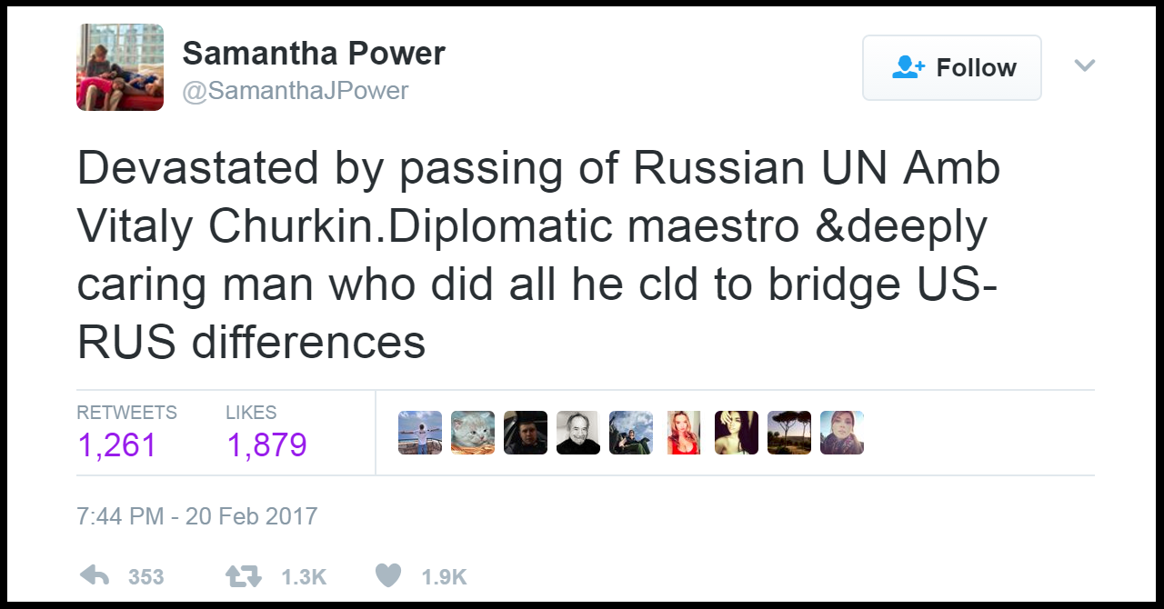 Samantha Power's tweet about Vitaly Churkin's passing
