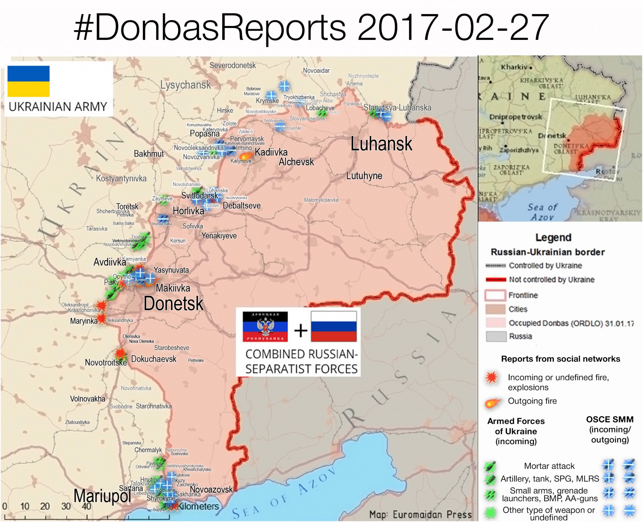 The situation in the Donbas on February 27, 2017, according to reports by local residents on social networks (red), ATO HQ (green), OSCE (blue). 