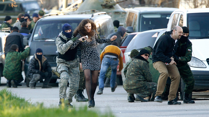 Russian "little green men" near Ukrainian military base in Belbek, Crimea