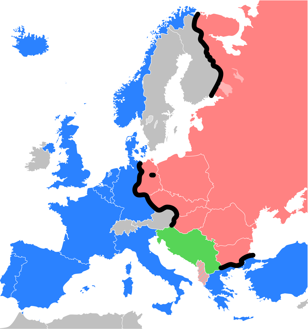 Post-WW II Europe divided by Iron Curtain into military and political blocs (Spain joined NATO in 1982, after the transition from Francoist dictatorship to democracy)