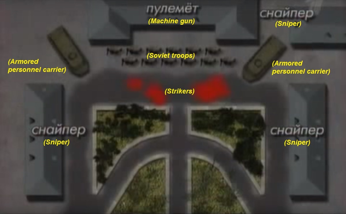 Diagram of the 1962 shooting of strikers in Novocherkassk according to journalist investigation (Image: video capture)