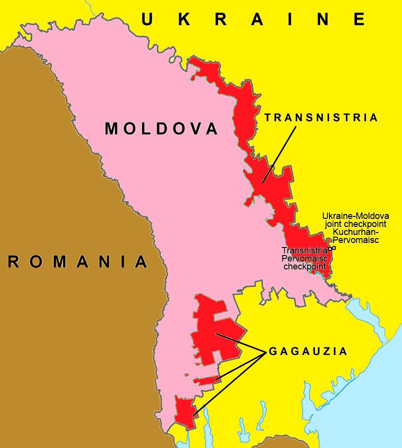 Map of Moldova bordering Ukraine and Romania. Zones of a frozen conflict in Transnistria/Transdniestria and resolved conflict in Gagauzia in red. 