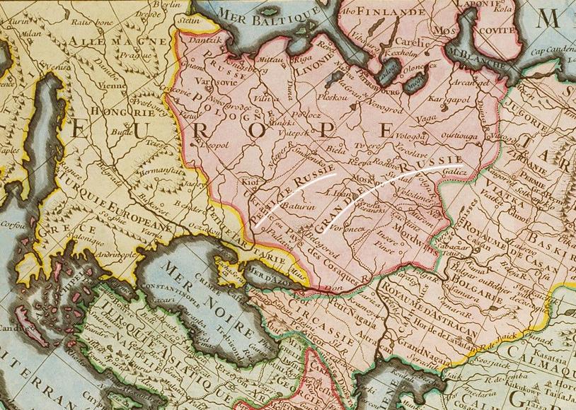 A map by the French cartographer Guillaume Delisle pictures Central and East Europe circa 1723. Here Petite Russie (“Little Rus”) denotes the lands of Ukraine east to the Dnieper, while the territory where the state of Muscovy rose is called Grande Russie (“Great Rus”) ~