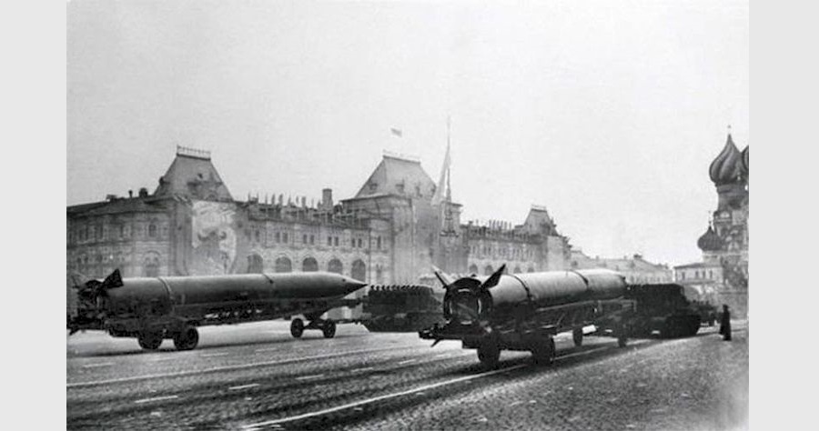 Early Soviet intercontinental ballistic missiles demonstrated on parade for first time. Red Square in Moscow, USSR. November 07, 1957