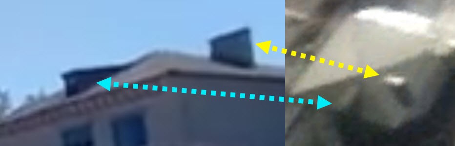Matching details on a roof, from the Facebook video by Vyshnivetskyi and satellite imagery . Comparison: DFRLab