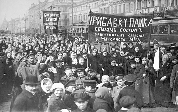 Demonstrations of 36,000 female workers of the Putilov factory of St.Petersburg on 23 February 1917 (8 March by the Old Style calendar) sparked the February revolution of 1917 which took down the Russian empire