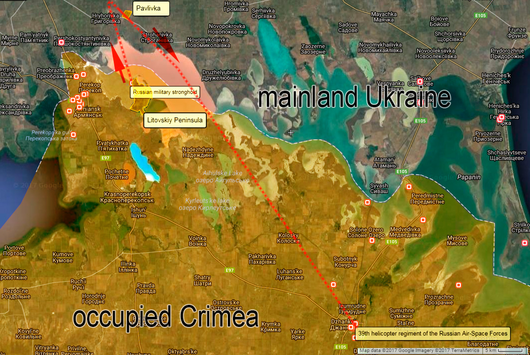 Likely route of the Russian K-52 captured on camera in Pavlivka, Kherson Oblast on its way back towards occupied Crimea. Source: Wikimapia.org, Google Maps. Map: Euromaidan Press. 