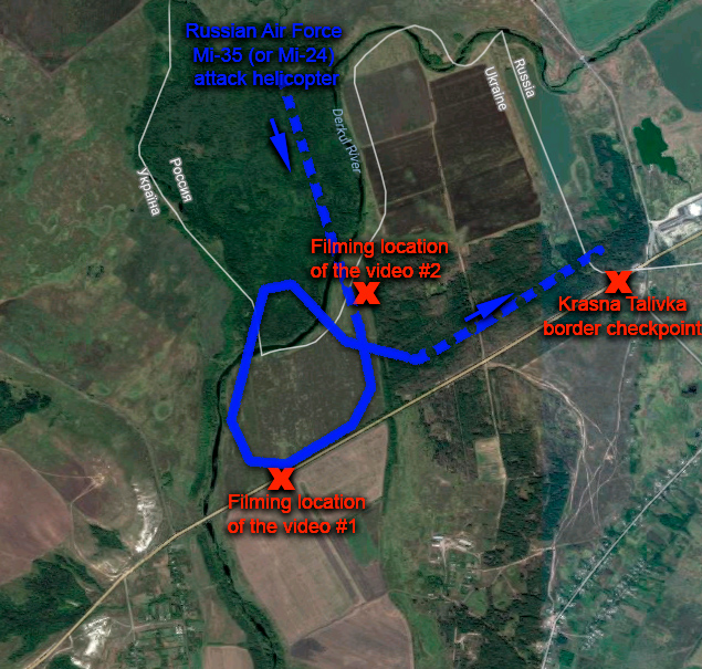 Rough geolocation of two videos showing the Russian Mi-25 (or Mi-24) flying over the Ukrainian territory in Luhansk Oblast in July 2014. Note: The border line is shifted left on the satellite image, the real border runs along Derkul river. Geolocation: Euromaidan Press. Source: Google Maps 