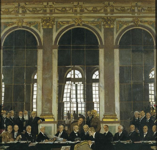 The Signing of Peace in the Hall of Mirrors, Versailles, 28 June 1919 by William Orpen. Source: Imperial War Museum ~