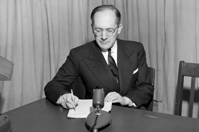 Raphael Lemkin prepares for a talk on UN radio, probably between 1947 and 1951. UN photo ~