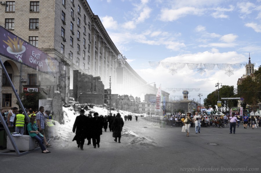 Kyiv 1942/2012. The central street, Khreschatyk destroyed by the Soviets. Collage: Sergey Larenkov (Livejournal)