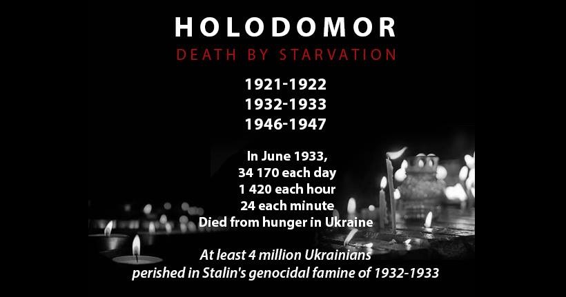 Holodomor (death by starvation) 1921-1922, 1932-1933, 1946-1947 In June 1933, 34170 each day, 1420 each hour, 24 each minute died from hunger in Ukraine. At least 4 million Ukrainians perished in Stalin's genocidal famine of 1932-1933.