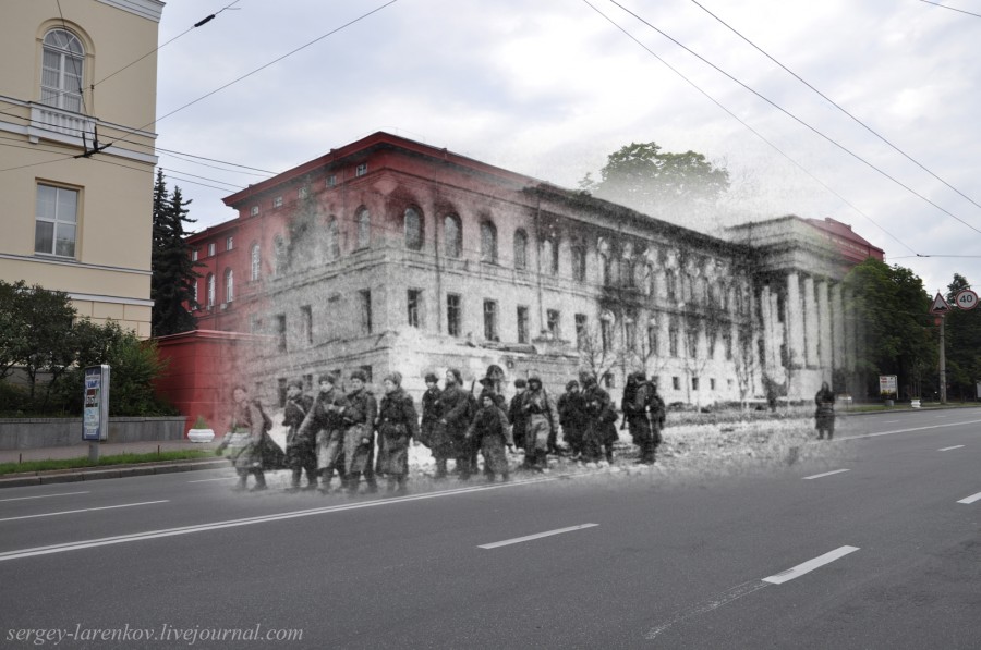 Kyiv 1943/2012. Red Army soldiers walking by the university building. Collage: Sergey Larenkov (Livejournal)