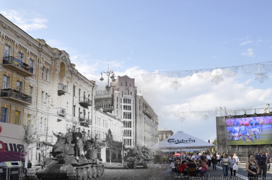Kyiv 1943/2012. Tanks of Soviet General Rybalko units on Khreschatyk. Collage: Sergey Larenkov (Livejournal)