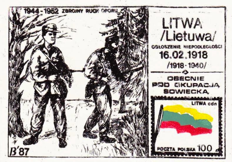 Lithuania under Soviet occupation - a mail stamp of a series published underground by the Polish Solidarity movement in 1987.