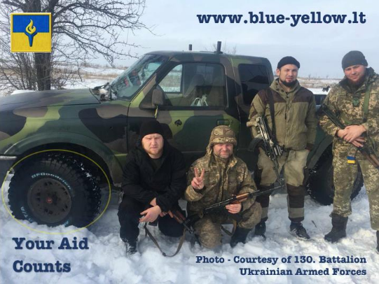 A jeep in 130th battalion, with new mud tires from Blue/Yellow. Suitable tires have proven to be a crucial tactical issue in Donbas.