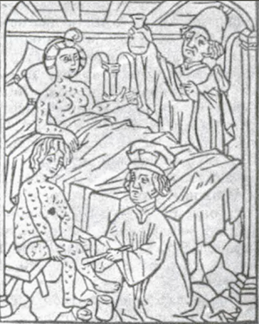 Treatment of syphylis by burns. Woodcut, late XV century