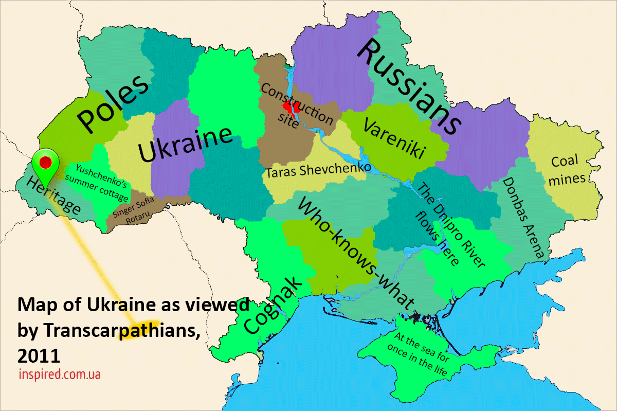 Map of stereotypes by the residents of Zakarpattia about Ukrainian regions. As Zakarpattia is separated from the rest of Ukraine by the Carpathian mountains, its residents have a fuzzy vision about the other regions of Ukraine. Source: inspired.com.ua, 2011. Translation: Euromaidan Press ~