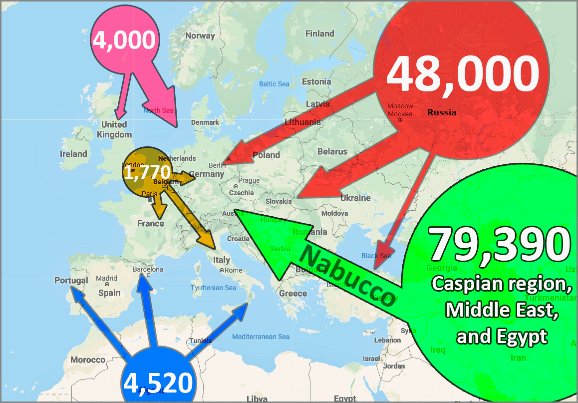 Map of expected import of gas to Europe according to available gas resources (in trillion cubic meters). Data: golos.com.ua, map: Euromaidan Press, map layer: Google Maps. ~